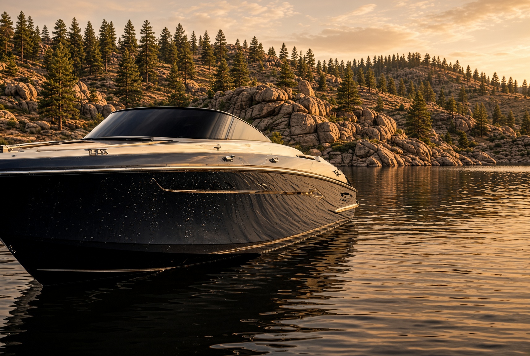 Ceramic coated boat with a glossy black hull on a Northern Arizona lake near Prescott