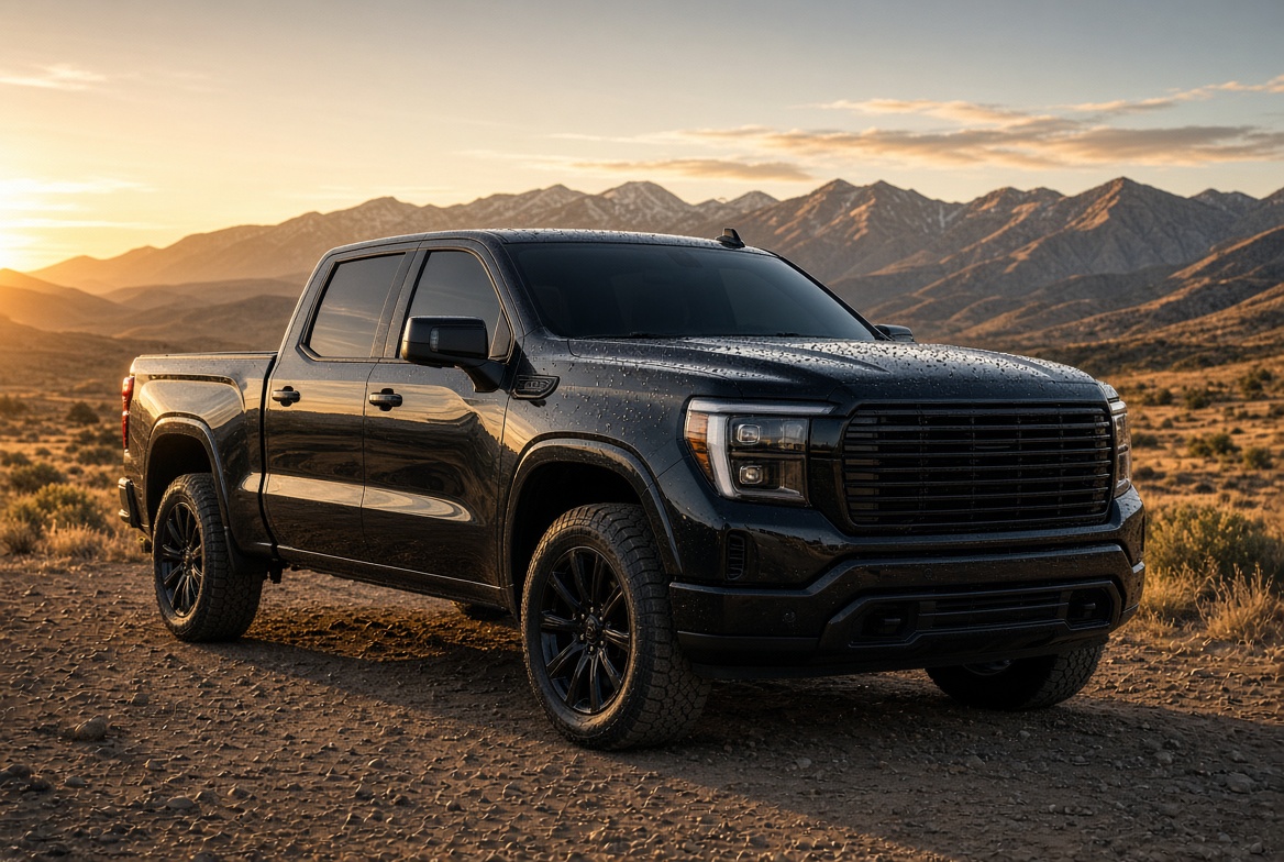 Ceramic coated black pickup truck with water beading in Northern Arizona