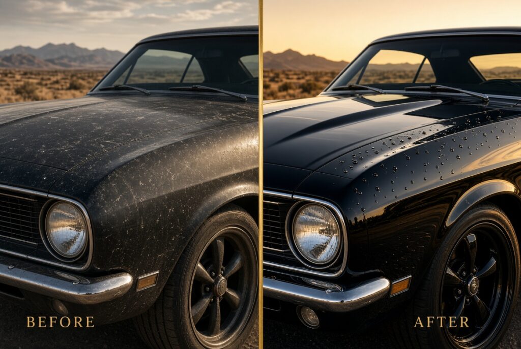 Before and after paint correction and ceramic coating on a black classic car in Arizona