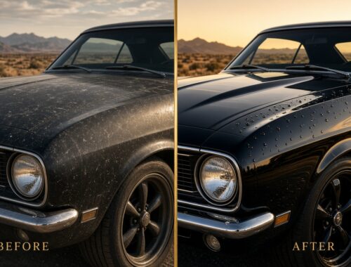 Before and after paint correction and ceramic coating on a black classic car in Arizona