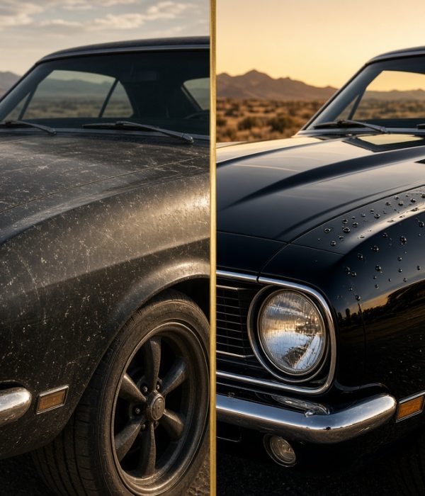 Before and after paint correction and ceramic coating on a black classic car in Arizona